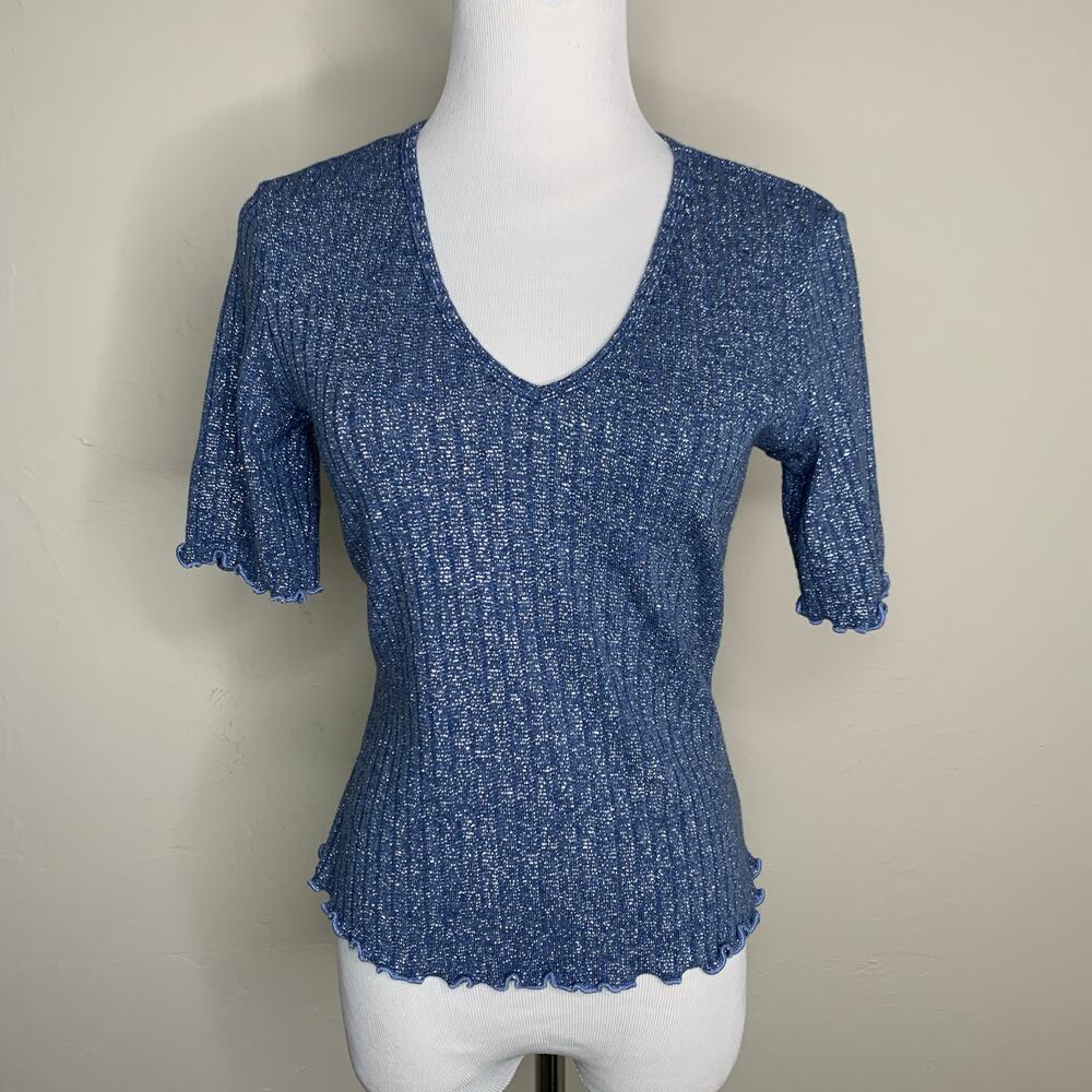 PerSeption Y2K Metallic Blue Knit Sweater Top Sz Medium